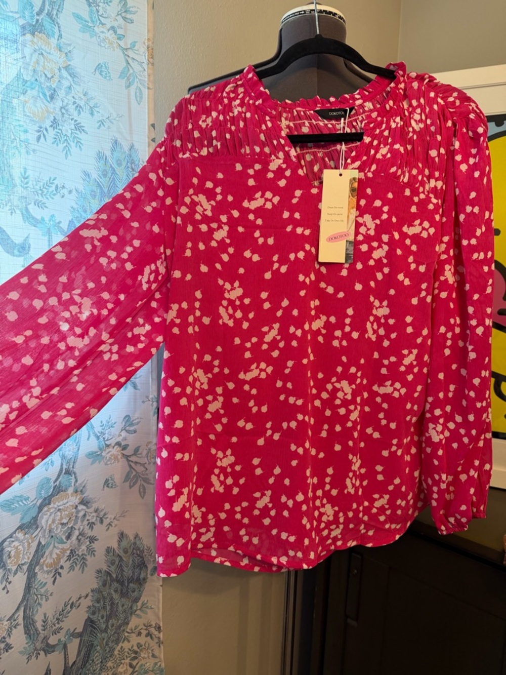 Donna Morgan Fuchsia Dot-Print Long Sleeve Blouse